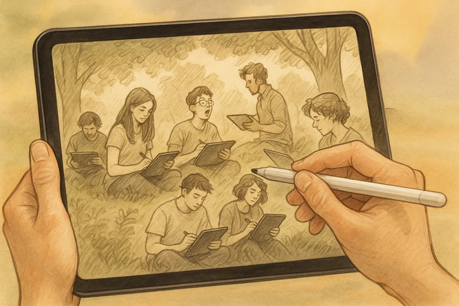 группа студентов на улице рисует пейзаж с вдохновением