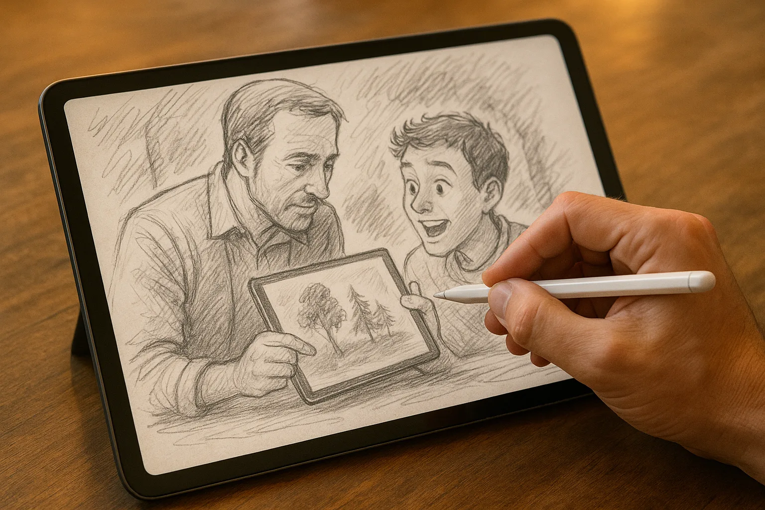 ученик показывает планшет с рисунком преподавателю